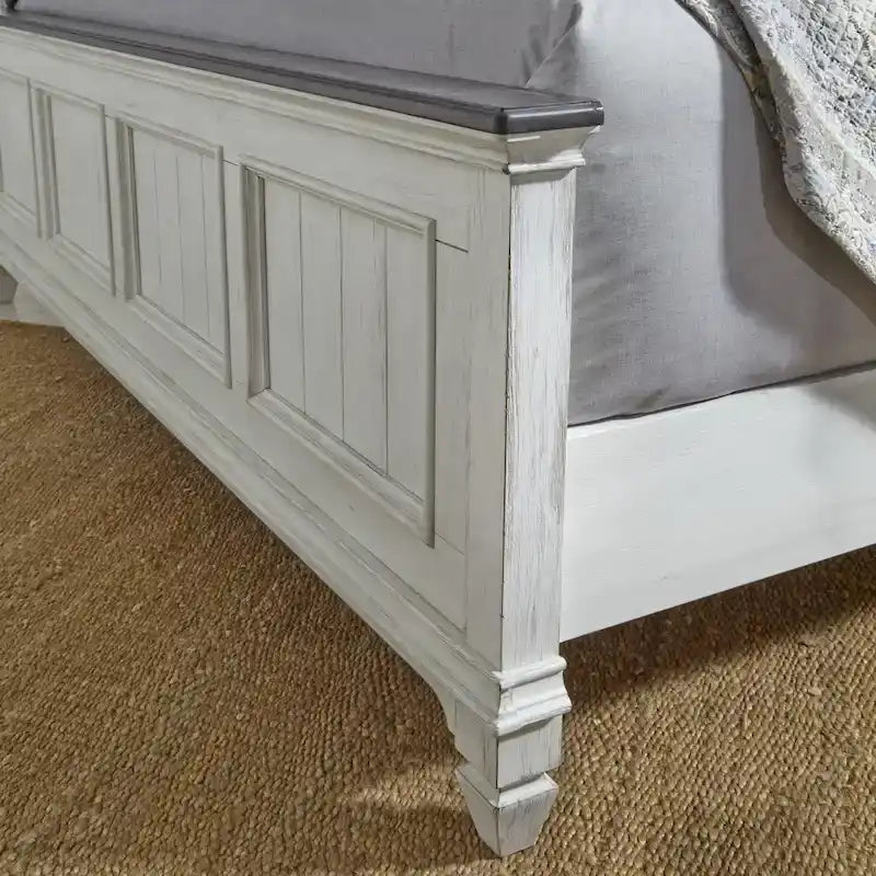 Queen Panel Bed with Beadboard Headboard – White & Charcoal, Cottage Style, Single