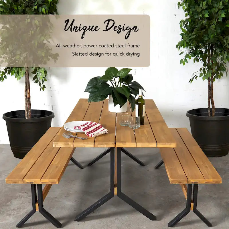 SEI Furniture Contemporary 3-Piece Natural Acacia Wood Dining Set with Dining Table and Benches