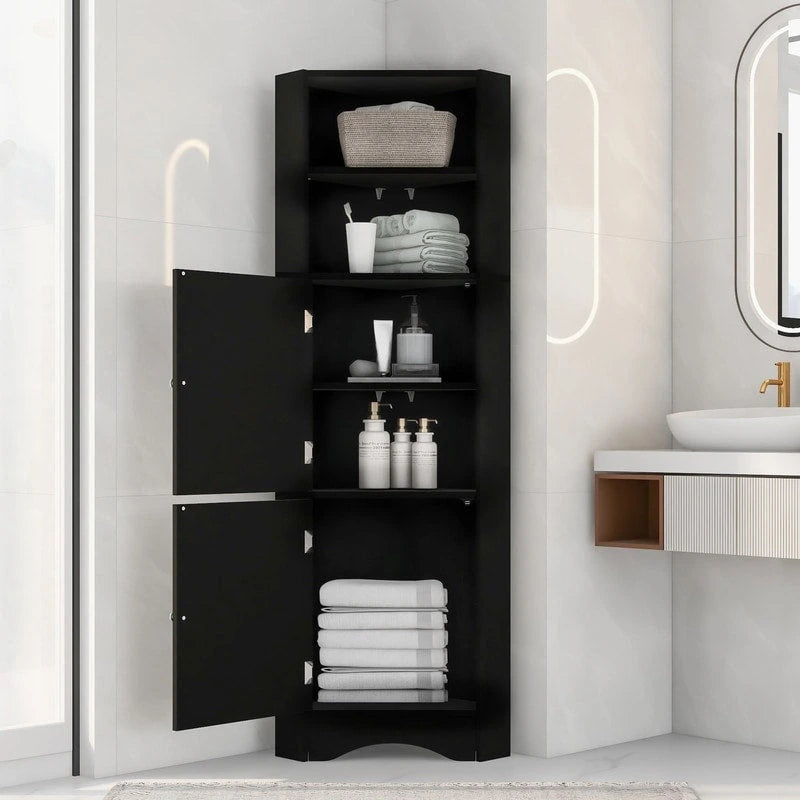 Tall Corner Storage Cabinet with 2 Doors & Adjustable Shelves – Black / Gray / White, Triangle Style