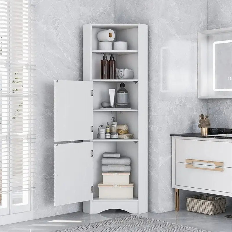 Home Tall Corner Cabinet with 2 Doors and 2 Tiers of Outside Shelves, Freestanding Storage Cabinet with Adjustable Shelves