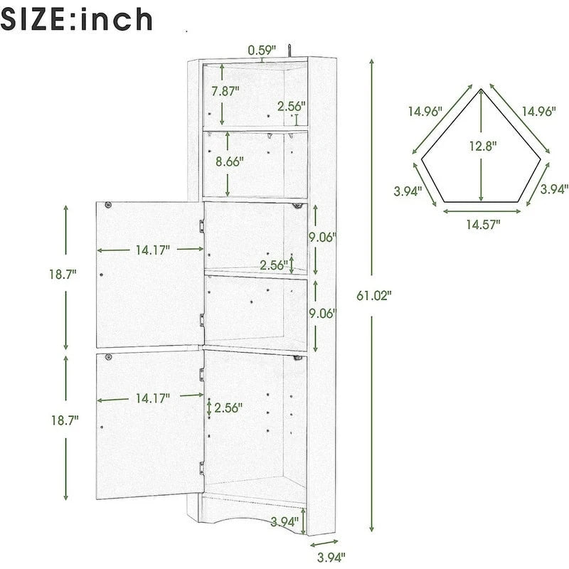 Tall Corner Storage Cabinet with 2 Doors & Adjustable Shelves – Black / Gray / White, Triangle Style