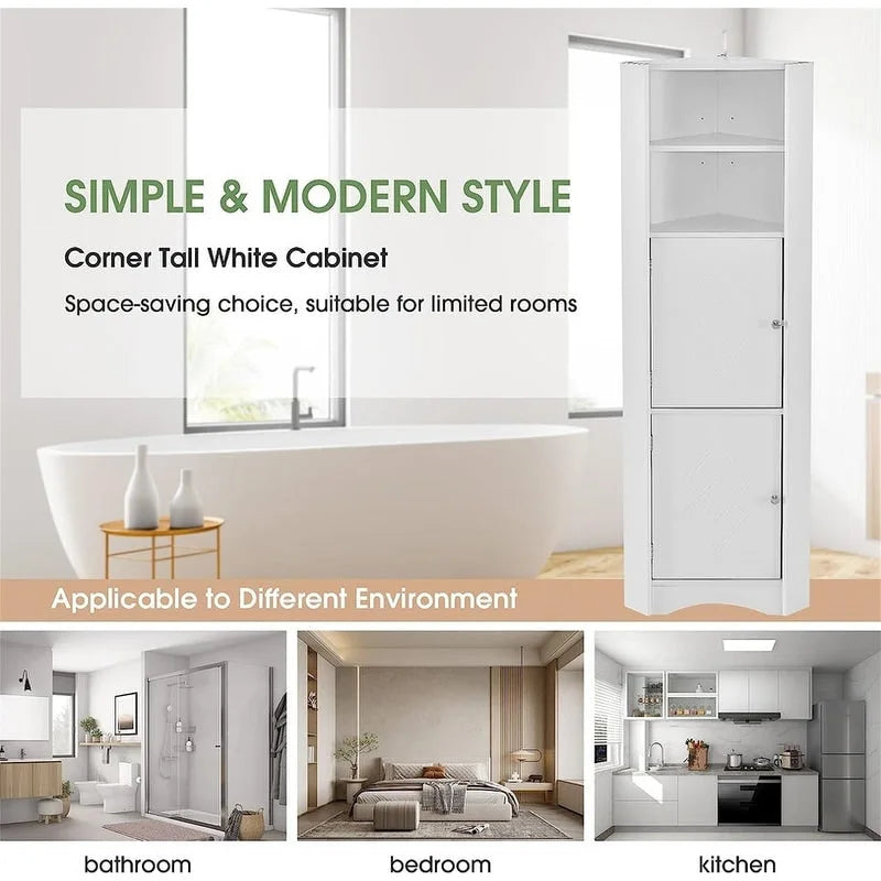 Tall Corner Storage Cabinet with 2 Doors & Adjustable Shelves – Black / Gray / White, Triangle Style