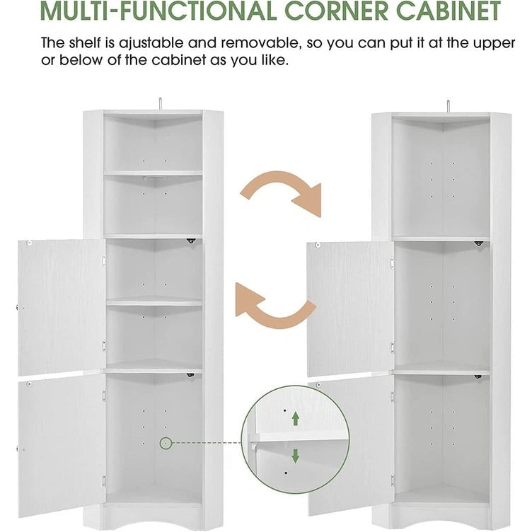 Tall Corner Storage Cabinet with 2 Doors & Adjustable Shelves – Black / Gray / White, Triangle Style