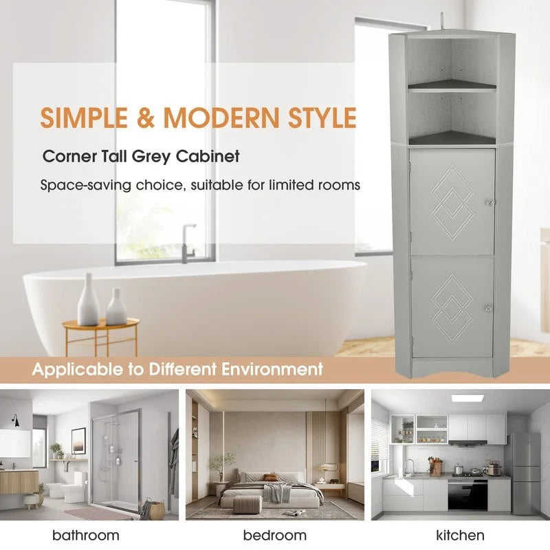 Tall Corner Storage Cabinet with 2 Doors & Adjustable Shelves – Black / Gray / White, Triangle Style