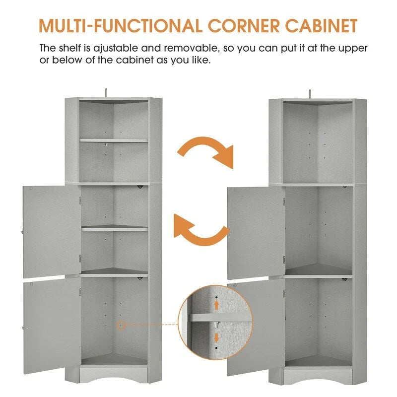 Tall Corner Storage Cabinet with 2 Doors & Adjustable Shelves – Black / Gray / White, Triangle Style