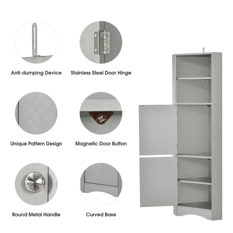 Tall Corner Storage Cabinet with 2 Doors & Adjustable Shelves – Black / Gray / White, Triangle Style