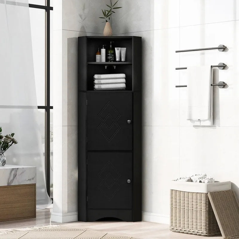 Tall Corner Storage Cabinet with 2 Doors & Adjustable Shelves – Black / Gray / White, Triangle Style