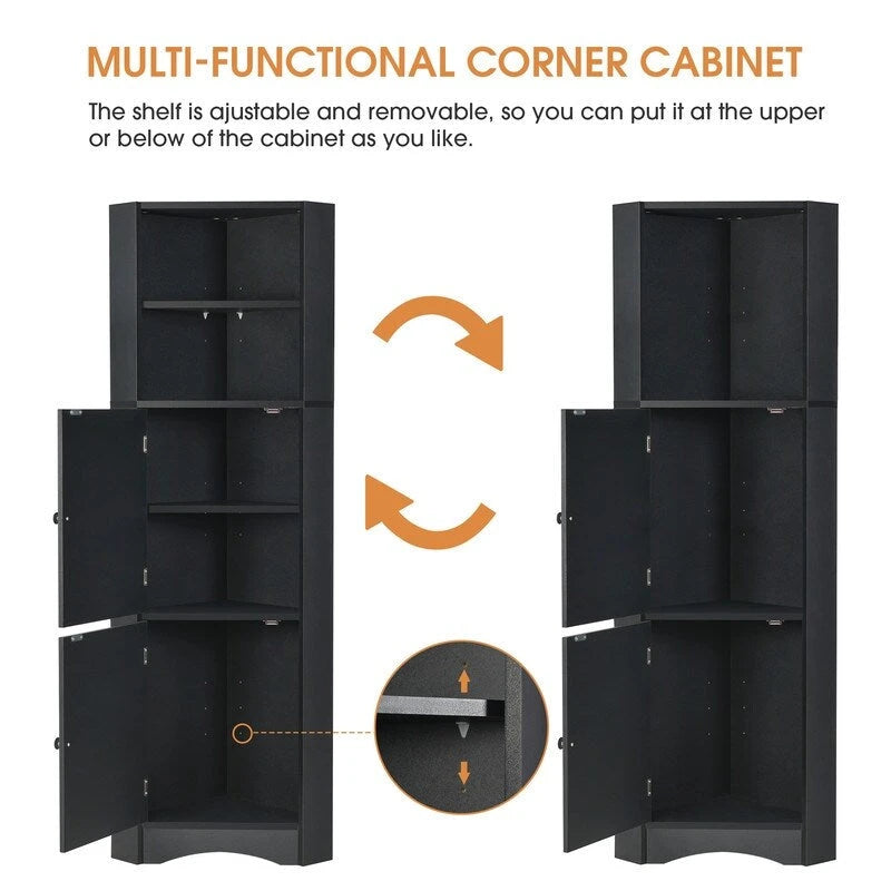 Tall Corner Storage Cabinet with 2 Doors & Adjustable Shelves – Black / Gray / White, Triangle Style