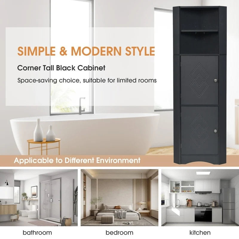Tall Corner Storage Cabinet with 2 Doors & Adjustable Shelves – Black / Gray / White, Triangle Style