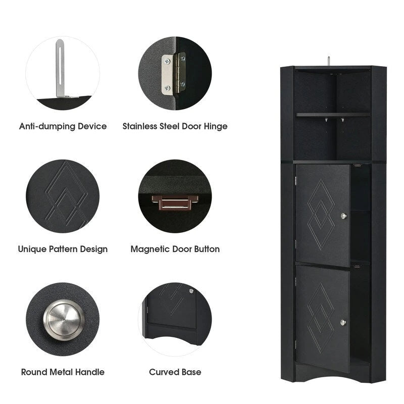 Tall Corner Storage Cabinet with 2 Doors & Adjustable Shelves – Black / Gray / White, Triangle Style