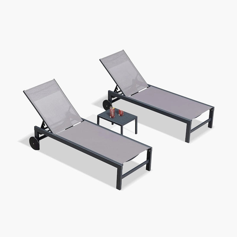 PURPLE LEAF Outdoor Mesh/Aluminum Chaise Lounge w/Wheels Textliene Fabric