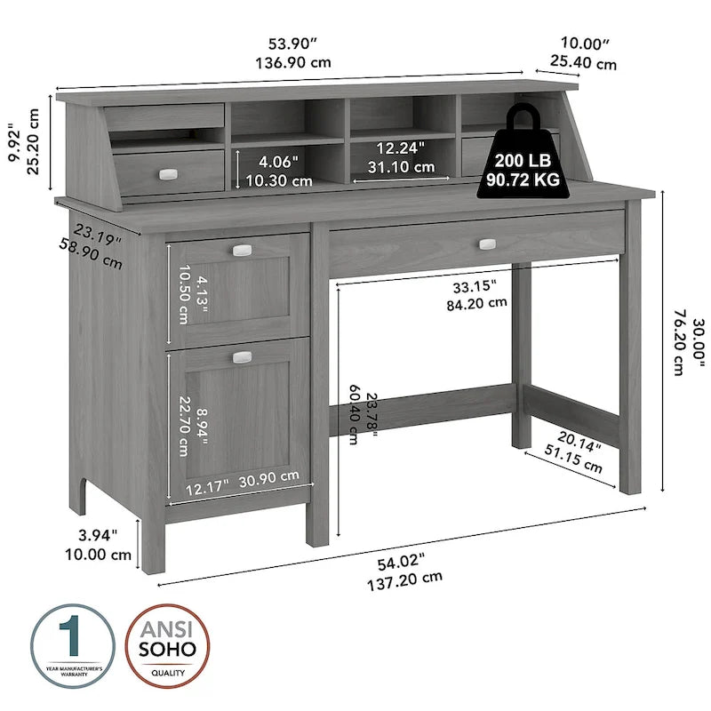 54" Computer Desk with Drawers & Desktop Organizer – Espresso Oak / Gray / Black / White, Single User