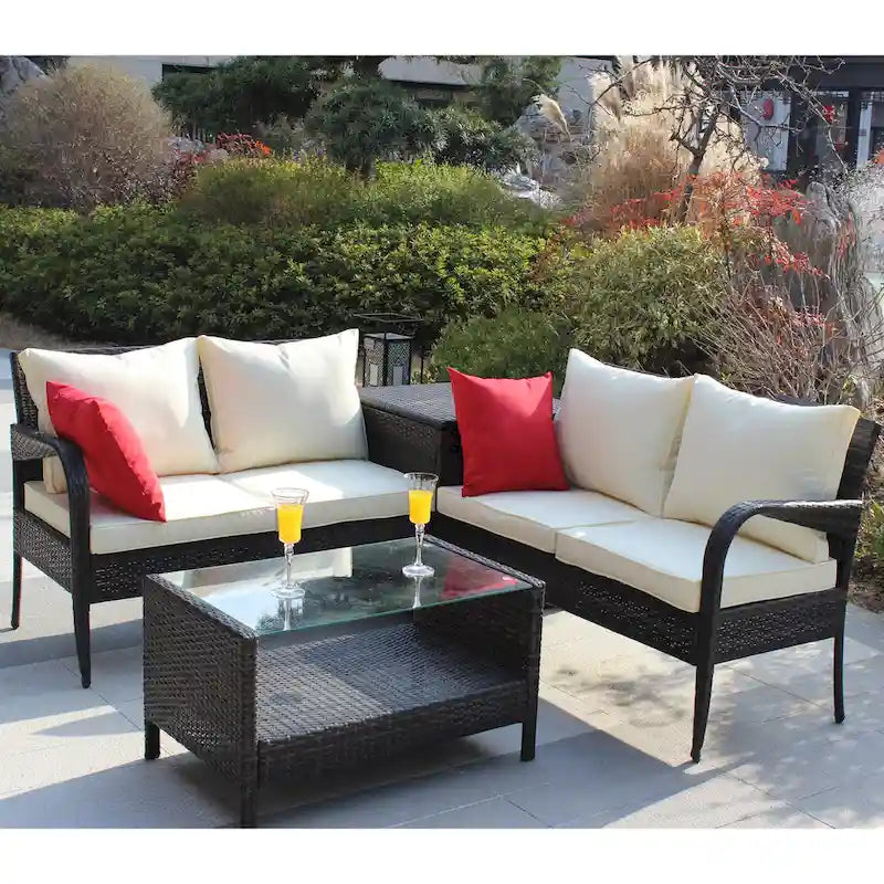4 Piece Patio Sectional Wicker Rattan Outdoor Furniture Sofa Set with Storage Box Brown