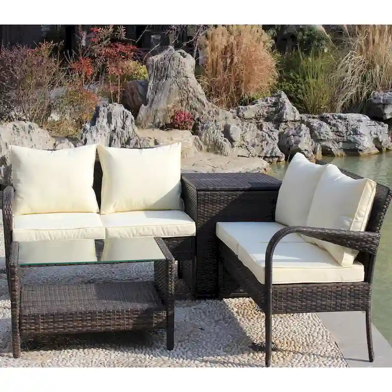 4 Piece Patio Sectional Wicker Rattan Outdoor Furniture Sofa Set with Storage Box Brown