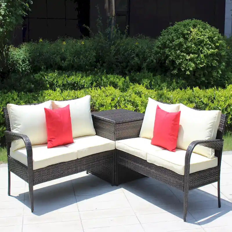 3 Piece Patio Sectional Wicker Rattan Outdoor Furniture Sofa Set with Storage Box Brown