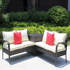 3 Piece Patio Sectional Wicker Rattan Outdoor Furniture Sofa Set with Storage Box Brown