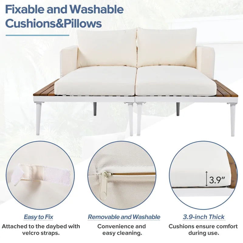TOPMAX Modern Patio Metal Daybed with Wood Topped Side Spaces for Drinks