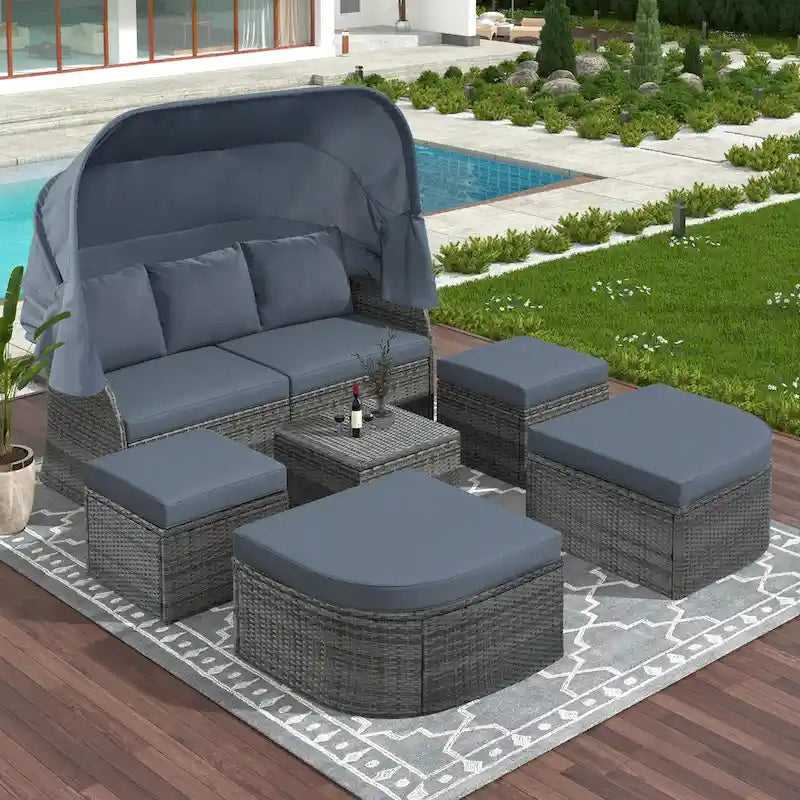 U_STYLE Outdoor Patio Furniture Set Daybed Sunbed with Retractable Canopy