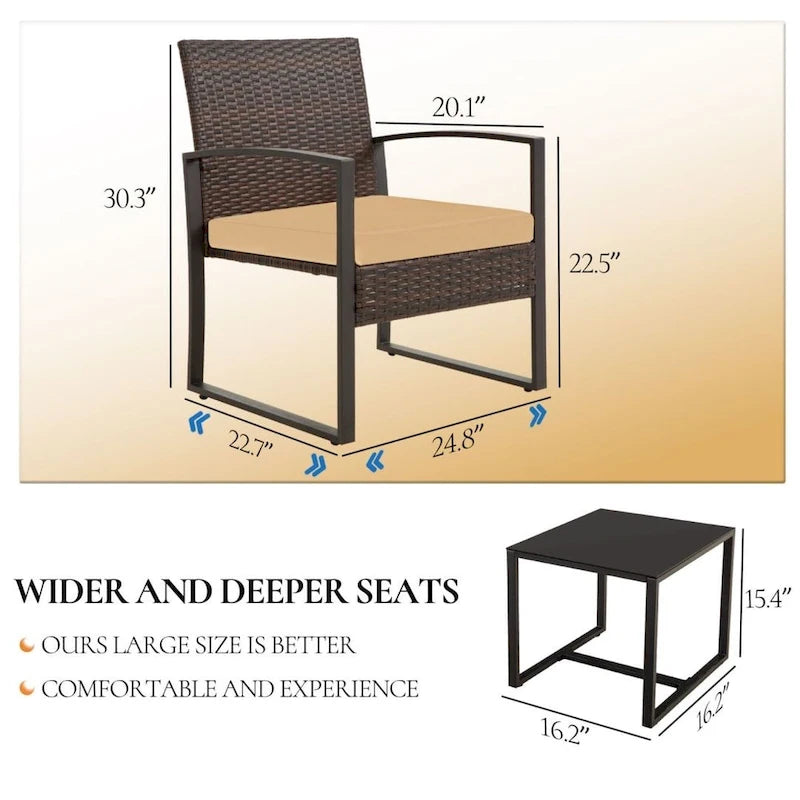3-Piece Wicker Bistro Set, Outdoor Patio chairs & Coffee Table - set of 3