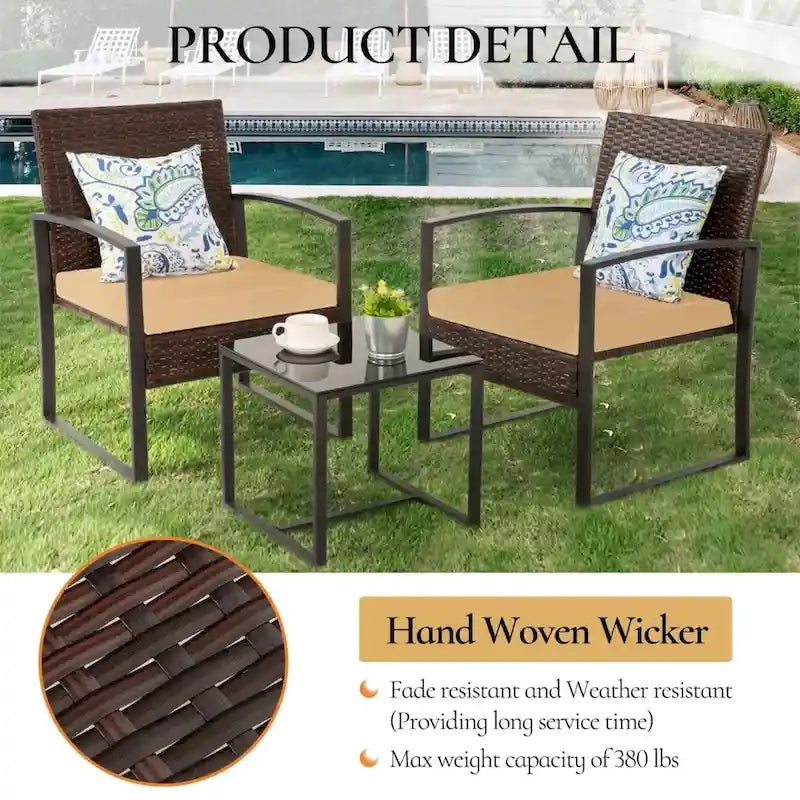 3-Piece Wicker Bistro Set, Outdoor Patio chairs & Coffee Table - set of 3