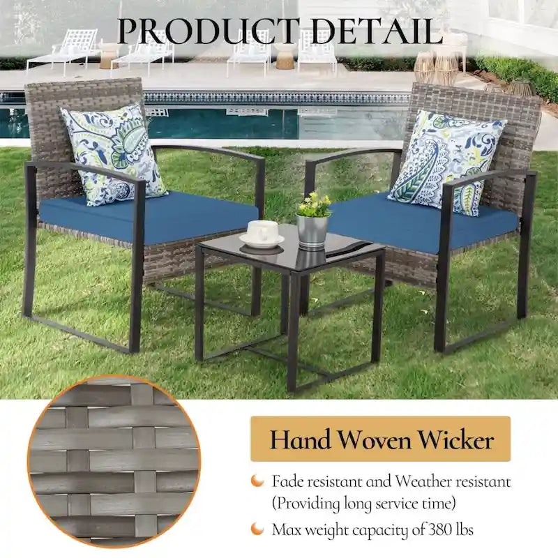 3-Piece Wicker Bistro Set, Outdoor Patio chairs & Coffee Table - set of 3