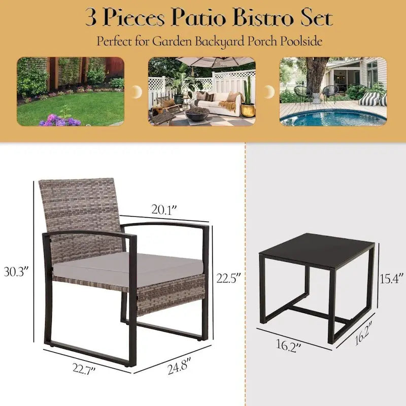 3-Piece Wicker Bistro Set, Outdoor Patio chairs & Coffee Table - set of 3