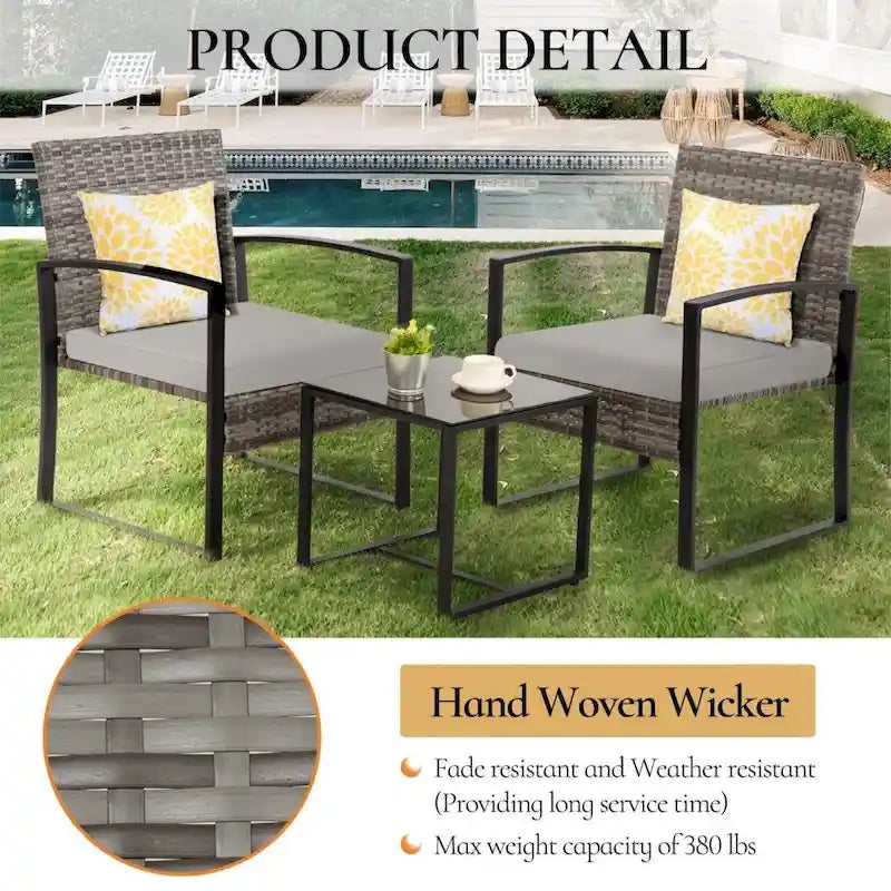 3-Piece Wicker Bistro Set, Outdoor Patio chairs & Coffee Table - set of 3