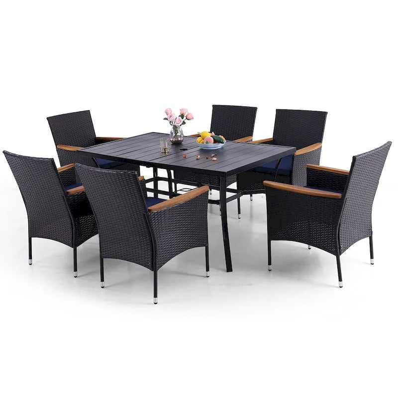 7 Pieces PE Rattan Patio Dining Sets, Modern Wicker Conversation Armhairs with Cushions and 2.6 Umbrella Hole