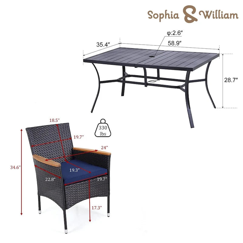 7 Pieces PE Rattan Patio Dining Sets, Modern Wicker Conversation Armhairs with Cushions and 2.6 Umbrella Hole