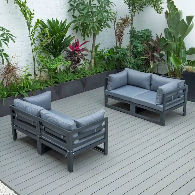 LeisureMod Chelsea 4-Piece Outdoor Patio Sectional Loveseat Set Black Aluminum with Cushions