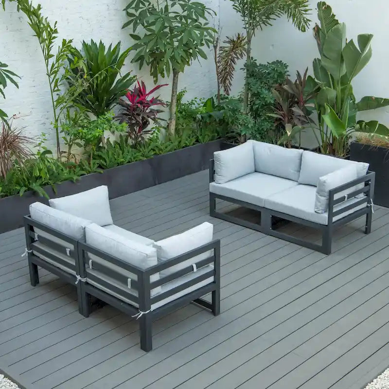 LeisureMod Chelsea 4-Piece Outdoor Patio Sectional Loveseat Set Black Aluminum with Cushions