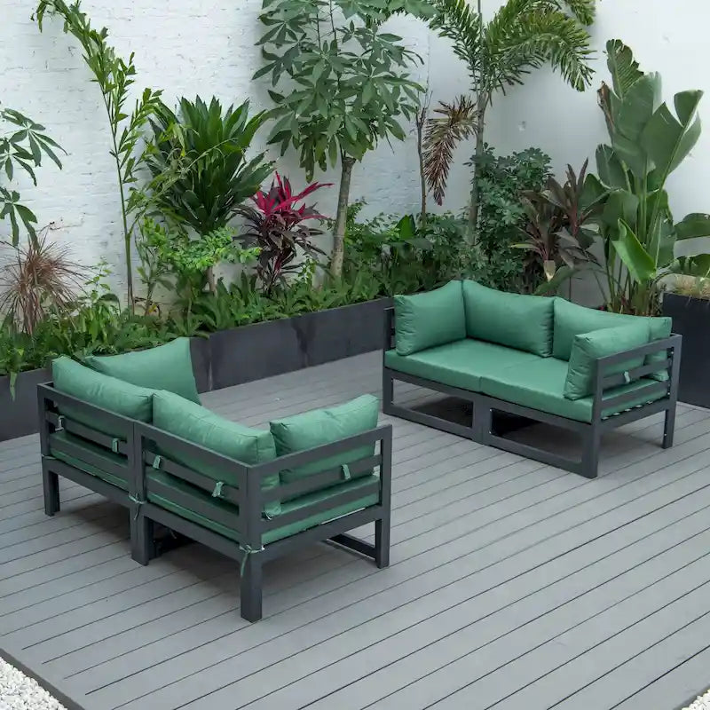 LeisureMod Chelsea 4-Piece Outdoor Patio Sectional Loveseat Set Black Aluminum with Cushions
