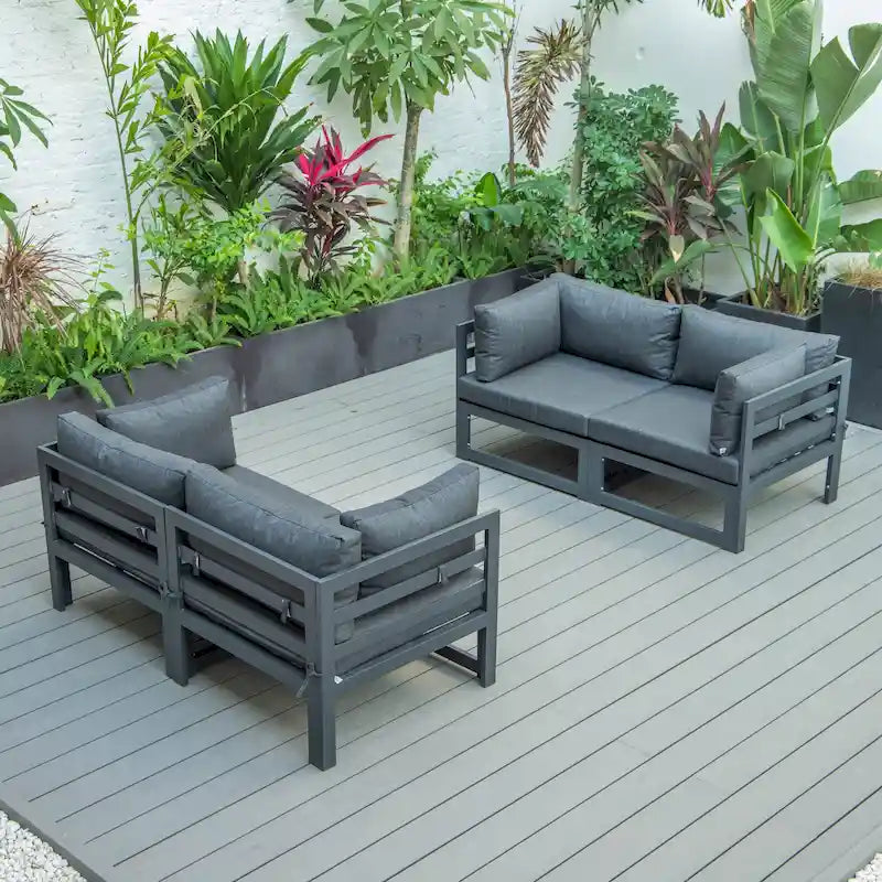 LeisureMod Chelsea 4-Piece Outdoor Patio Sectional Loveseat Set Black Aluminum with Cushions