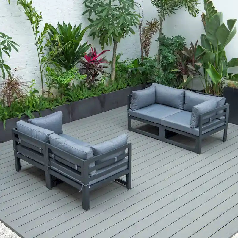 LeisureMod Chelsea 4-Piece Outdoor Patio Sectional Loveseat Set Black Aluminum with Cushions