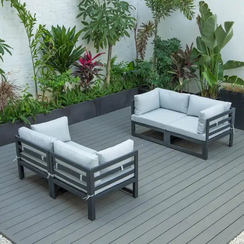 LeisureMod Chelsea 4-Piece Outdoor Patio Sectional Loveseat Set Black Aluminum with Cushions