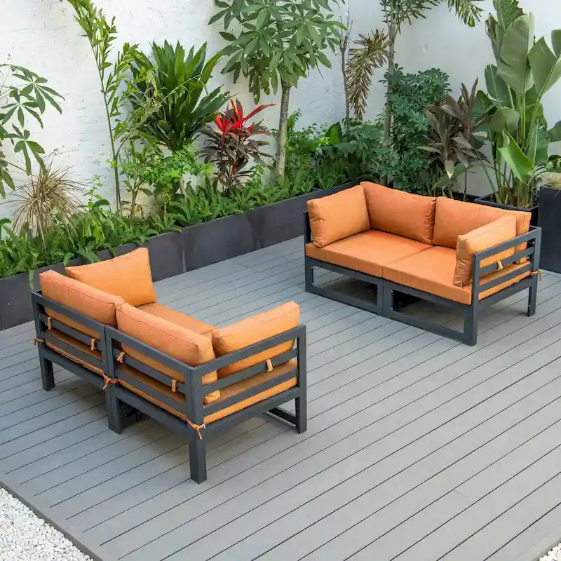 LeisureMod Chelsea 4-Piece Outdoor Patio Sectional Loveseat Set Black Aluminum with Cushions