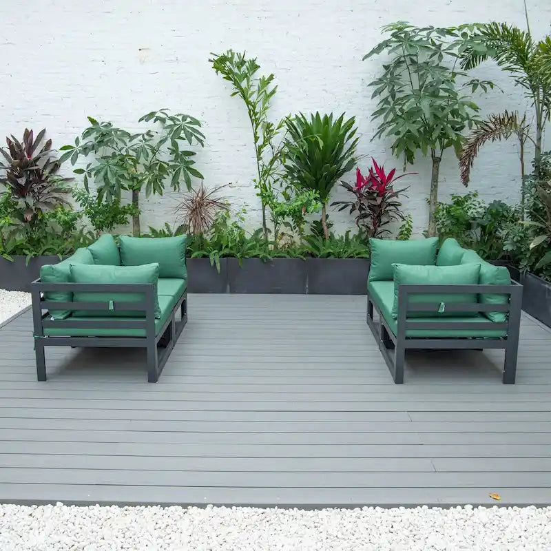 LeisureMod Chelsea 4-Piece Outdoor Patio Sectional Loveseat Set Black Aluminum with Cushions