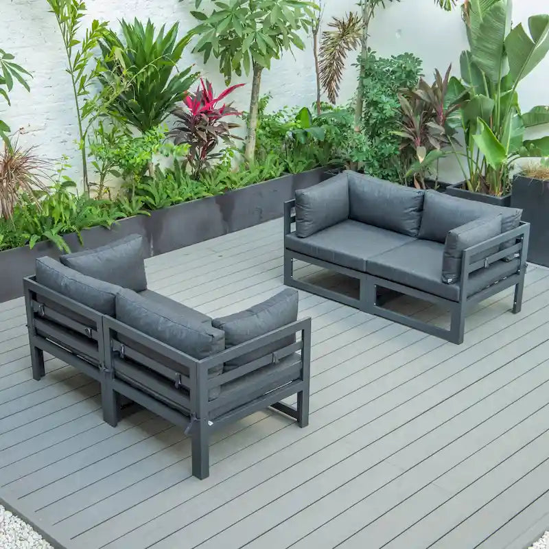 LeisureMod Chelsea 4-Piece Outdoor Patio Sectional Loveseat Set Black Aluminum with Cushions