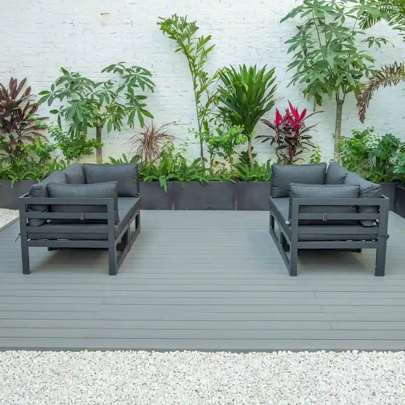 LeisureMod Chelsea 4-Piece Outdoor Patio Sectional Loveseat Set Black Aluminum with Cushions