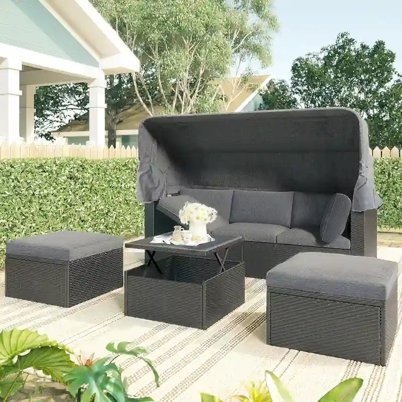 Outdoor Patio Rectangle Daybed with Retractable Canopy, Wicker Sectional Seating with Washable Cushions, Backyard, Porch