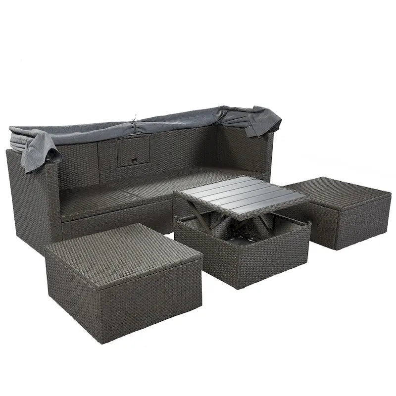 Outdoor Patio Rectangle Daybed with Retractable Canopy, Wicker Sectional Seating with Washable Cushions, Backyard, Porch