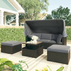 Outdoor Patio Rectangle Daybed with Retractable Canopy, Wicker Sectional Seating with Washable Cushions, Backyard, Porch