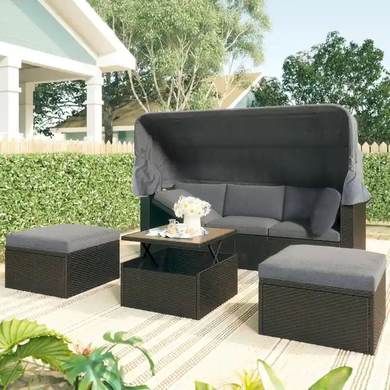 Outdoor Patio Rectangle Daybed with Retractable Canopy, Wicker Sectional Seating with Washable Cushions, Backyard, Porch