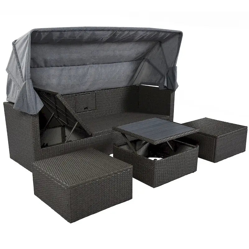 Outdoor Patio Rectangle Daybed with Retractable Canopy, Wicker Sectional Seating with Washable Cushions, Backyard, Porch