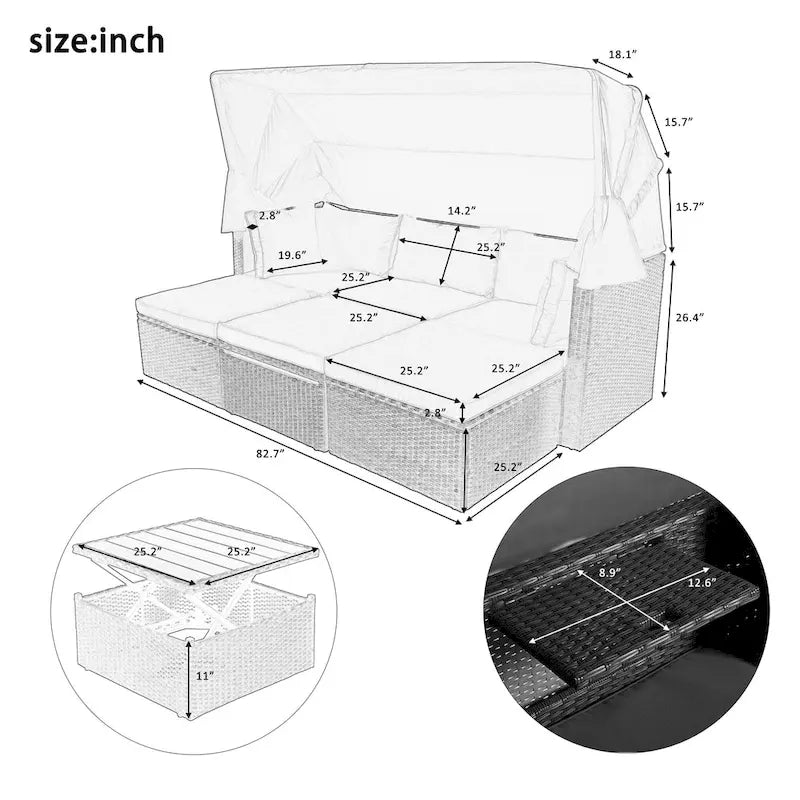 Outdoor Patio Rectangle Daybed with Retractable Canopy, Wicker Sectional Seating with Washable Cushions, Backyard, Porch