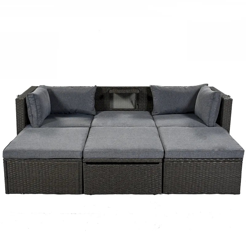 Outdoor Patio Rectangle Daybed with Retractable Canopy, Wicker Sectional Seating with Washable Cushions, Backyard, Porch