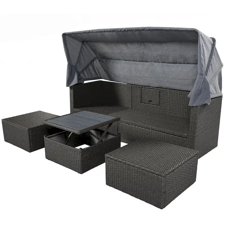Outdoor Patio Rectangle Daybed with Retractable Canopy, Wicker Sectional Seating with Washable Cushions, Backyard, Porch