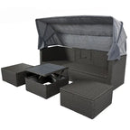Outdoor Patio Rectangle Daybed with Retractable Canopy, Wicker Sectional Seating with Washable Cushions, Backyard, Porch