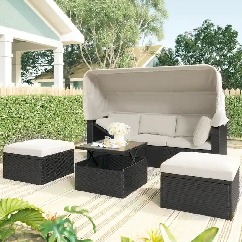Outdoor Patio Rectangle Daybed with Retractable Canopy, Wicker Sectional Seating with Washable Cushions, Backyard, Porch
