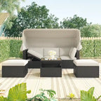 Outdoor Patio Rectangle Daybed with Retractable Canopy, Wicker Sectional Seating with Washable Cushions, Backyard, Porch